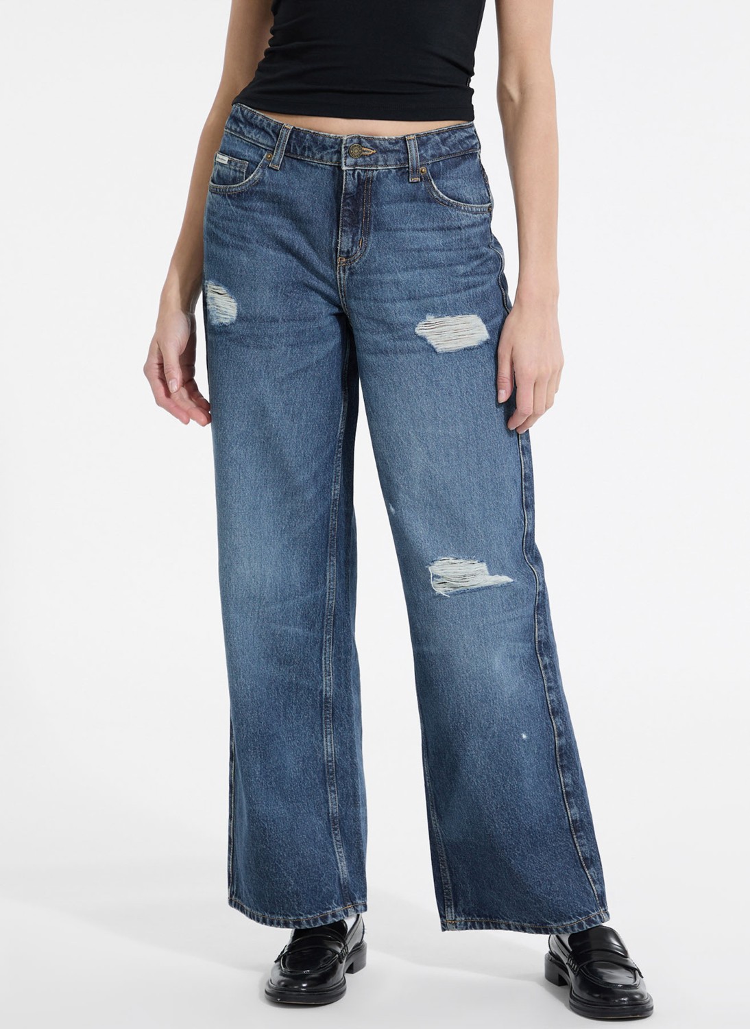 Guess Jeans Yüksek Bel Geniş Paça Relaxed Lacivert Kadın Denim Pantolon Guess Jeans Kadın Relaxed Fit Jean görsel 2