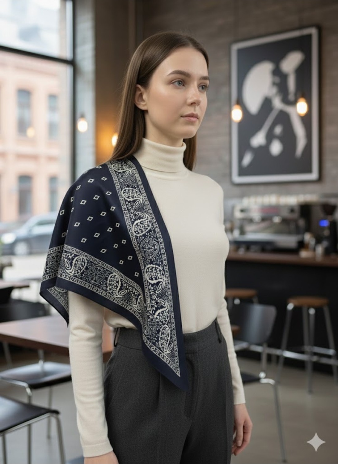 Tarzını Seç Saray Motif Desenli Kahverengi Üçgen Fular Bandana Estacraft - 100X45 cm