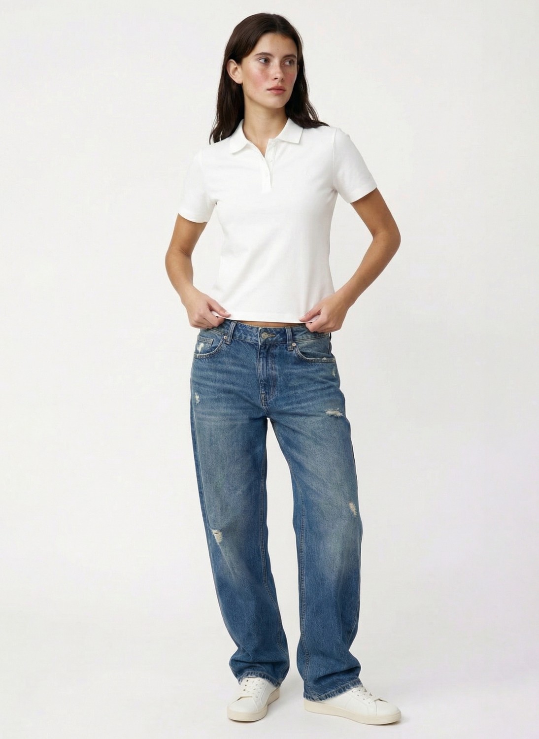 Fabrika Düz Beyaz Kadın Polo T-Shirt görsel 2