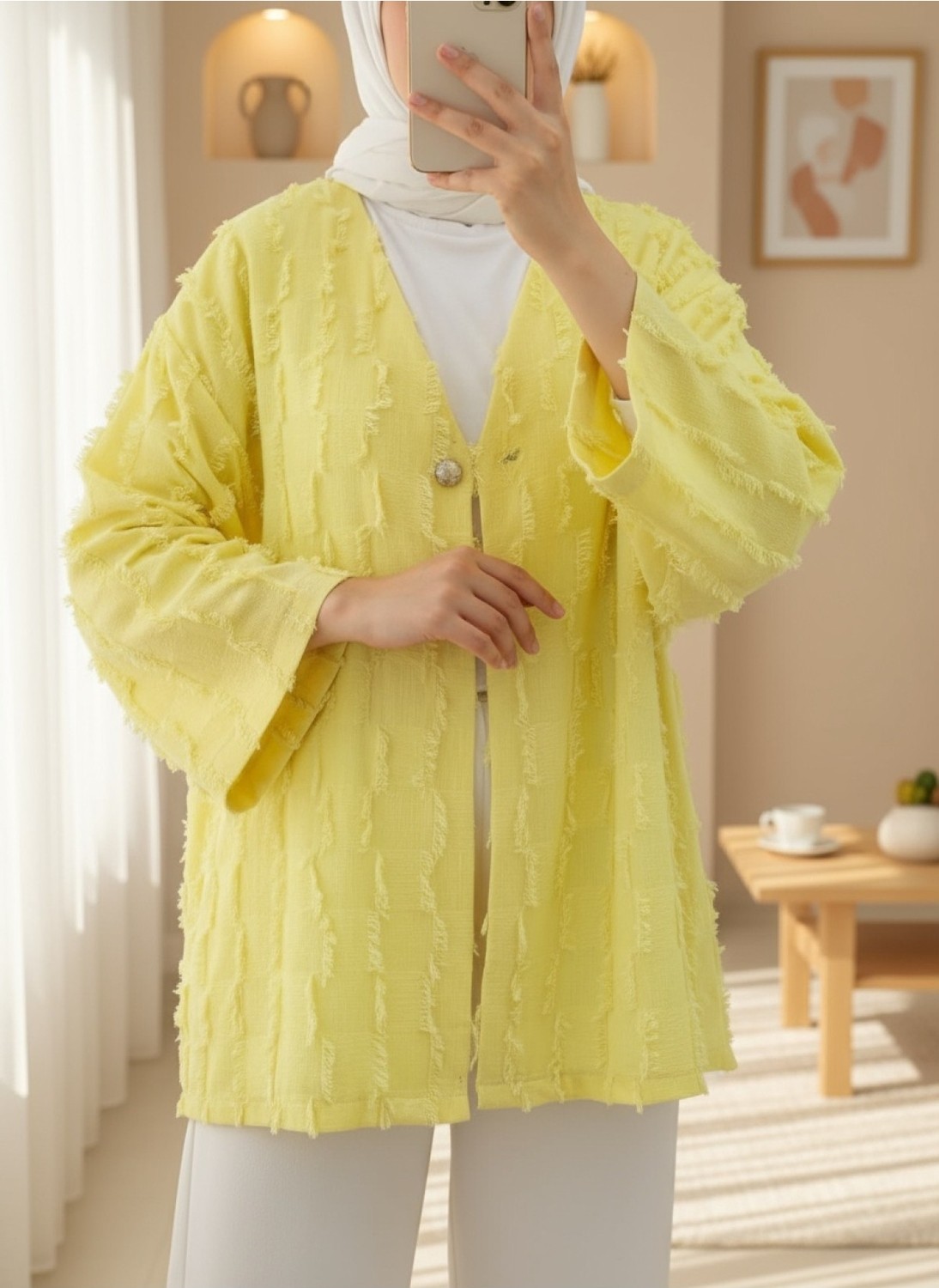 Moda Morfo Saçaklı Tek Düğmeli Kare Desenli Kimona -Sarı