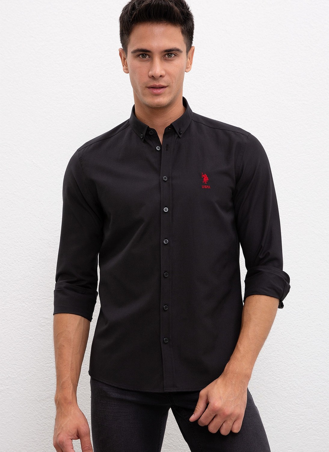 U.S. Polo Assn. Slim Fit Düz Siyah Erkek Gömlek Klasik Stil Truvakar Kol Kumaş görsel 2