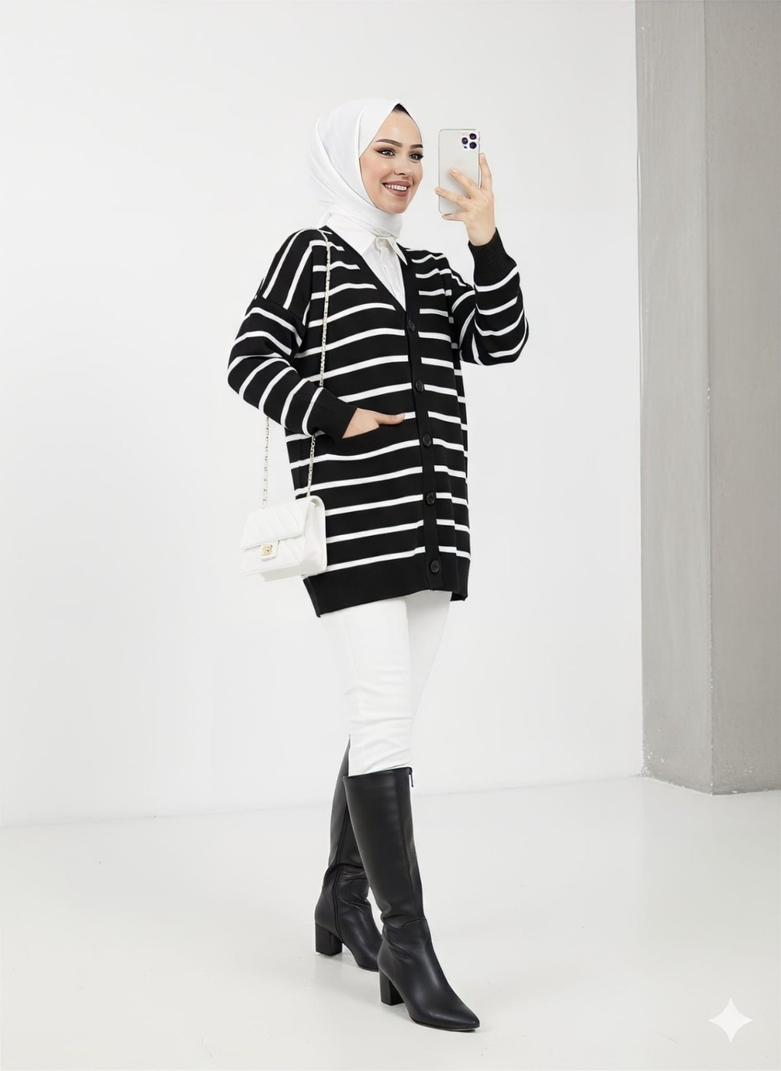 Moda Morfo Çizgili Düğmeli V Yaka Triko Hırka -Füme