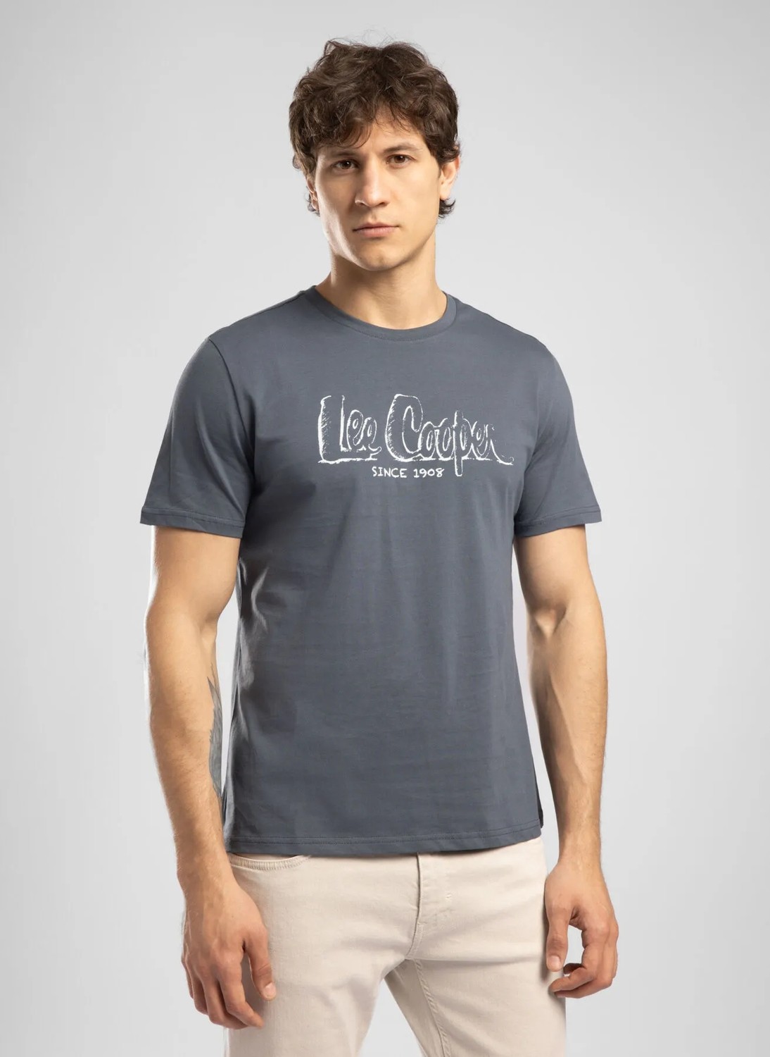 Lee Cooper DRAWOS Erkek Regular Fit %100 Pamuk Basic Bisiklet Yaka T-Shirt Gri görsel 3