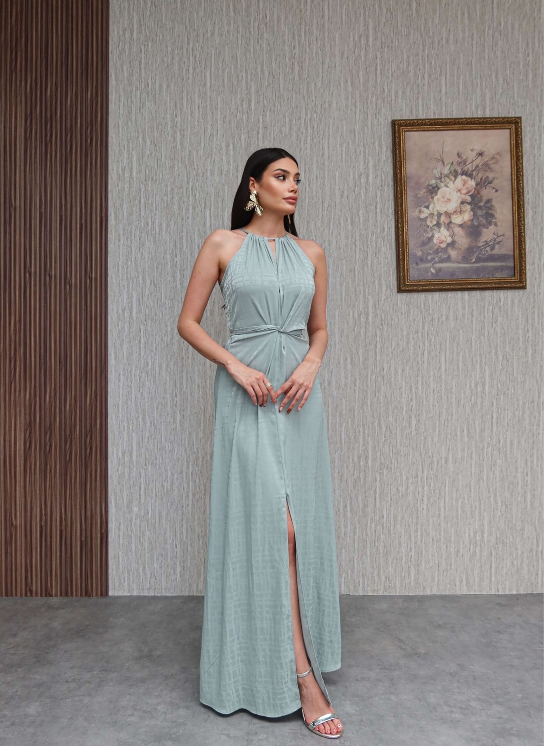 Esra Helvacı Bebemavi Bel Bağlamalı Yırtmaçlı Denim Elbise Abiye Stil Uzun Silüet Kadın