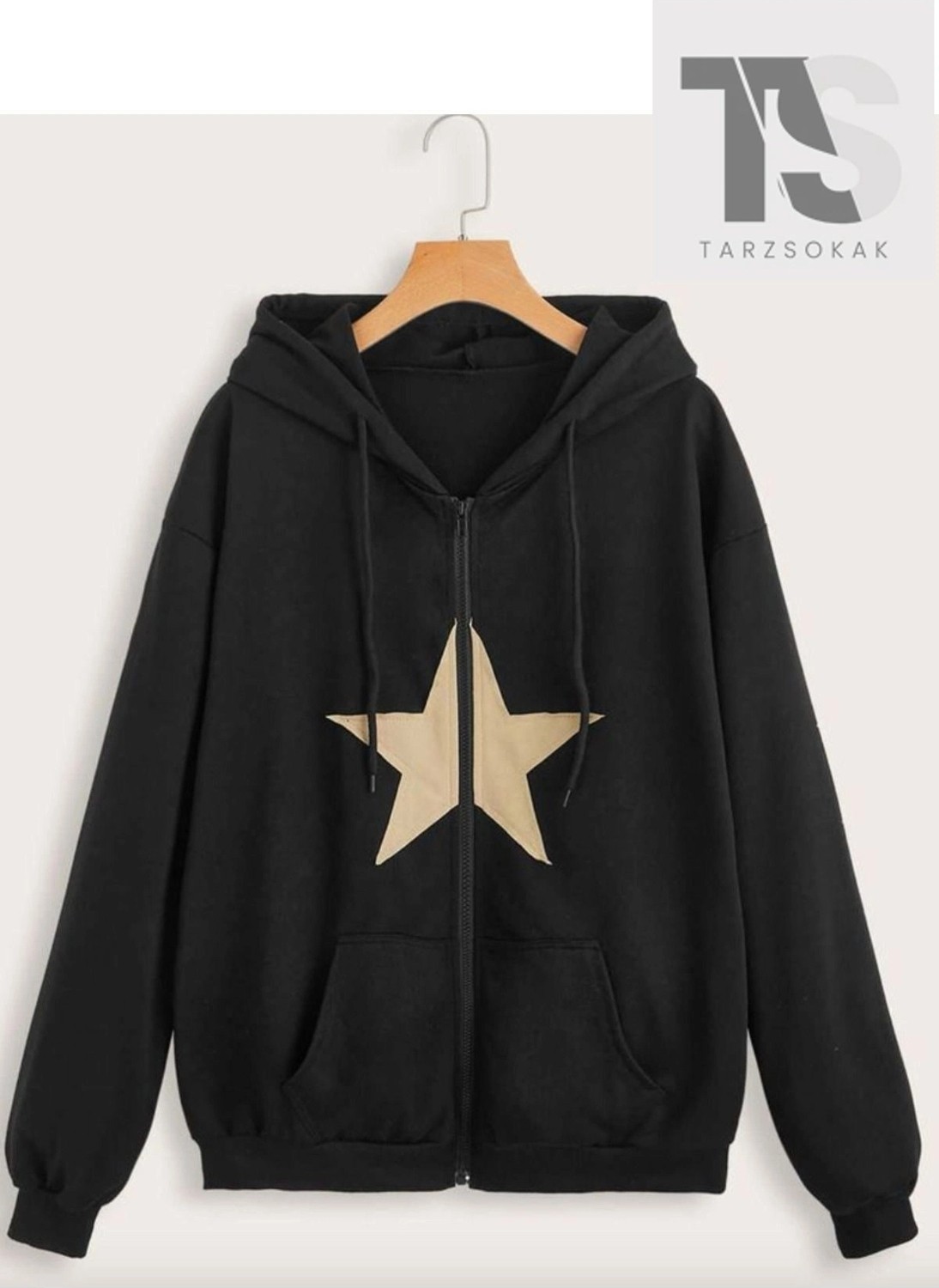Tarzsokak Star Desen Sweatshirt Fermuarlı Hırka Siyah