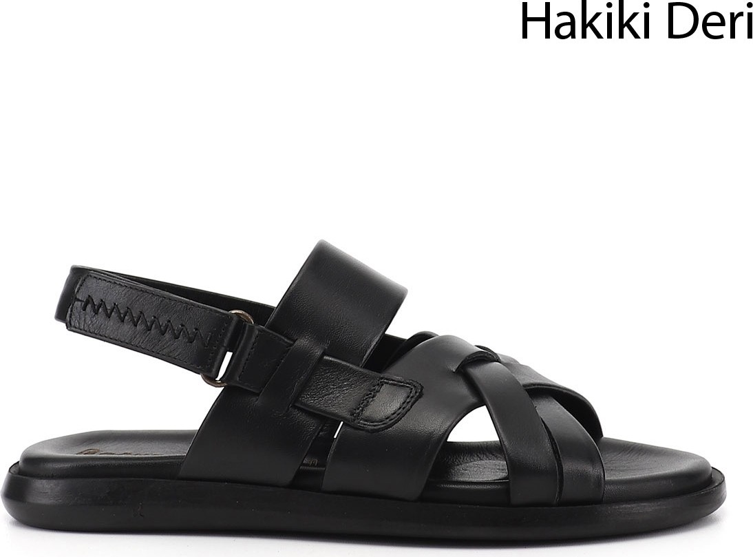 Gönderi(r) Erkek Siyah Ayarlanabilir Cırt Bantlı Hakiki Deri Sandalet