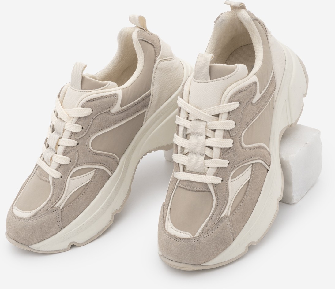 Marjin Kadın Sneaker Yüksek Kalın Taban Çok Parçalı Bağcıklı Spor Ayakkabı Merita Bej Süet