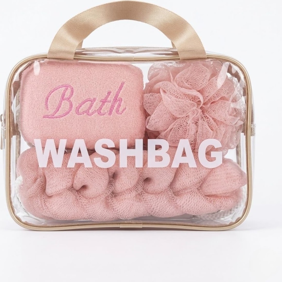 1001 4 Parça Şeffaf Makyaj ve Banyo Çantası Seti - Pembe Banyo Lifi, Sırt Kesesi ve Mikrofiber El Ha