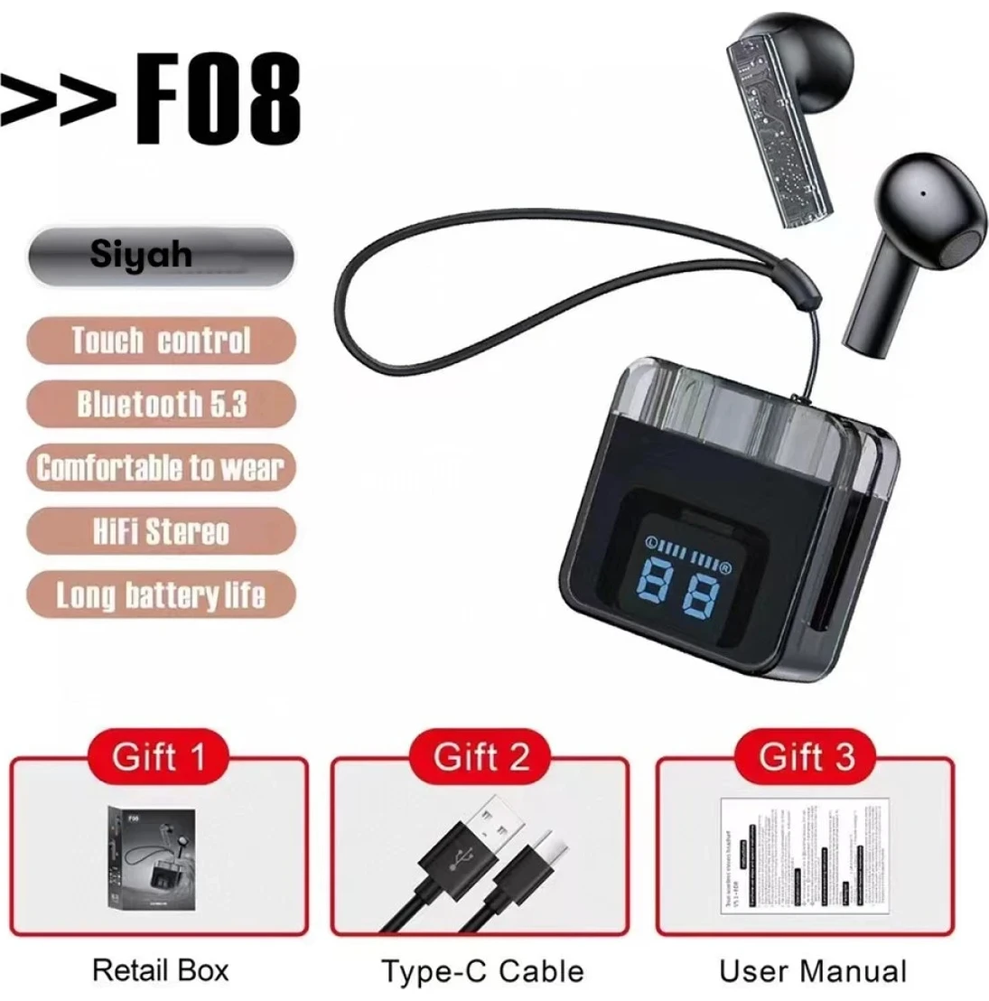 Resim Sepetim Karler Bass F08 Dijital Şarj Göstergeli Tws Bluetooth Kulaklık - Siyah 