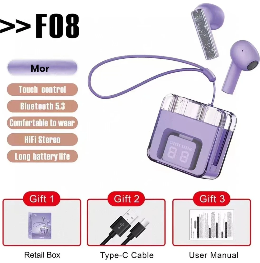 Resim Zeroshop Karler Bass F08 Dijital Şarj Göstergeli Tws Bluetooth Kulaklık - Mor 