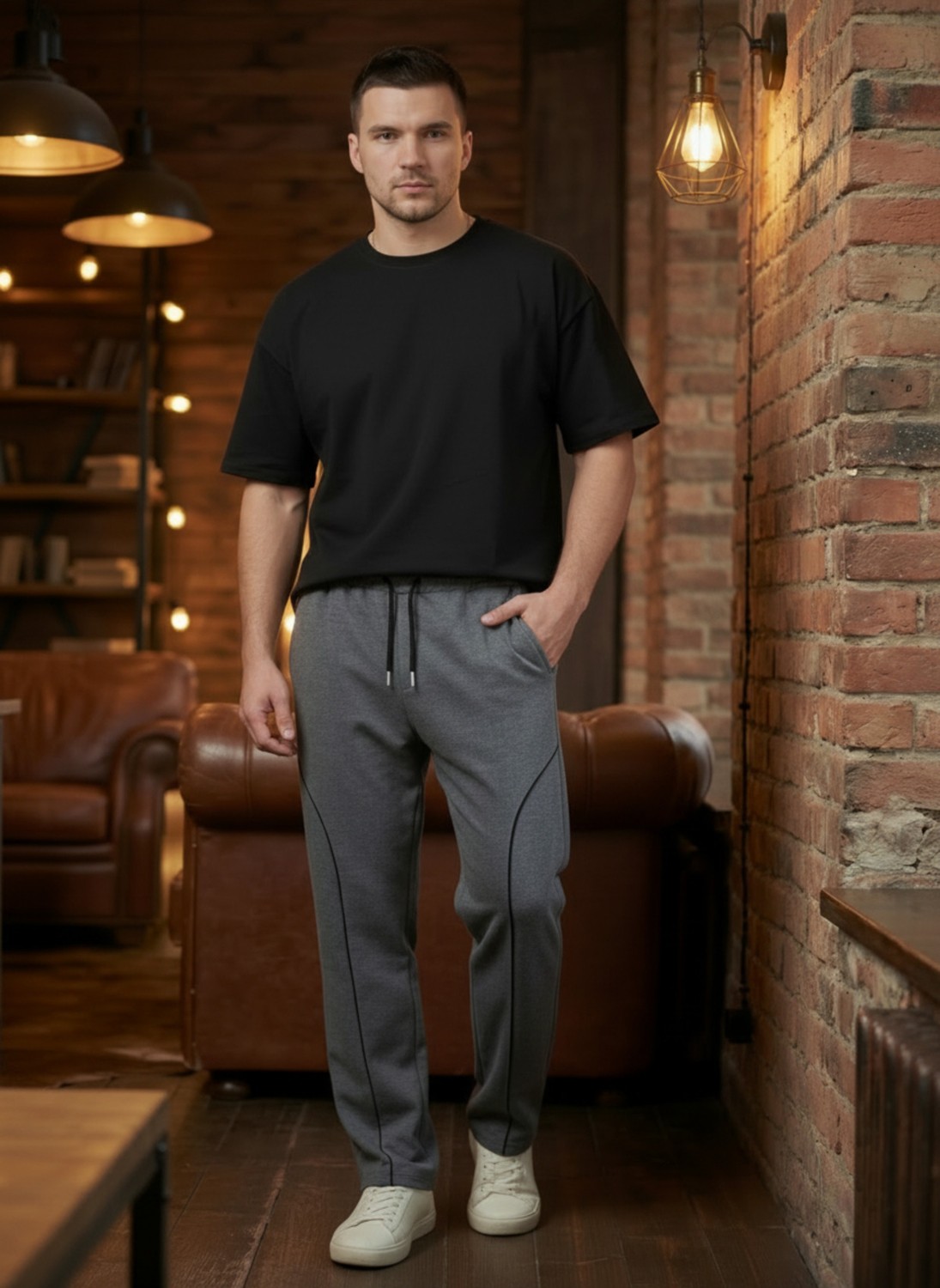 Veleno Erkek Siyah Baggy Biyeli Oversize Relaxed 4 Mevsim Eşofman Altı Bol Paça 2 Iplik Tam Kalıp görsel 2