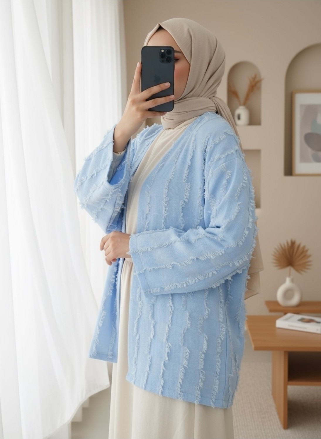 Moda Morfo Saçaklı Tek Düğmeli Kare Desenli Kimona -Sarı görsel 6