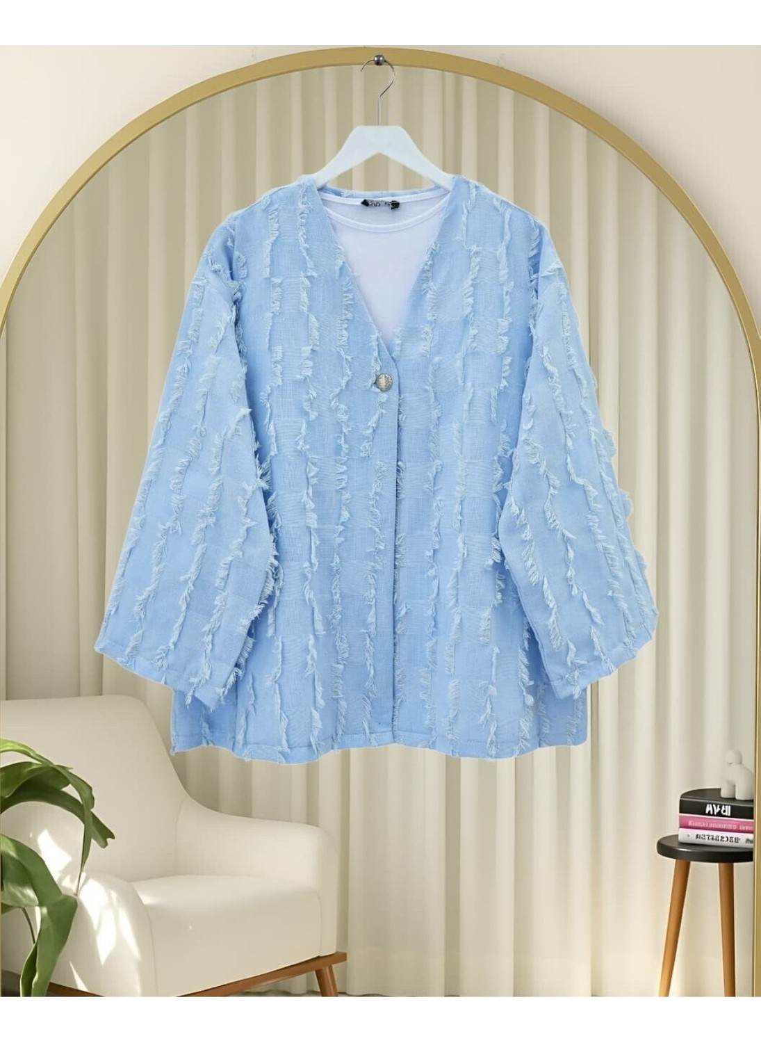 Moda Morfo Saçaklı Tek Düğmeli Kare Desenli Kimona -Sarı görsel 7