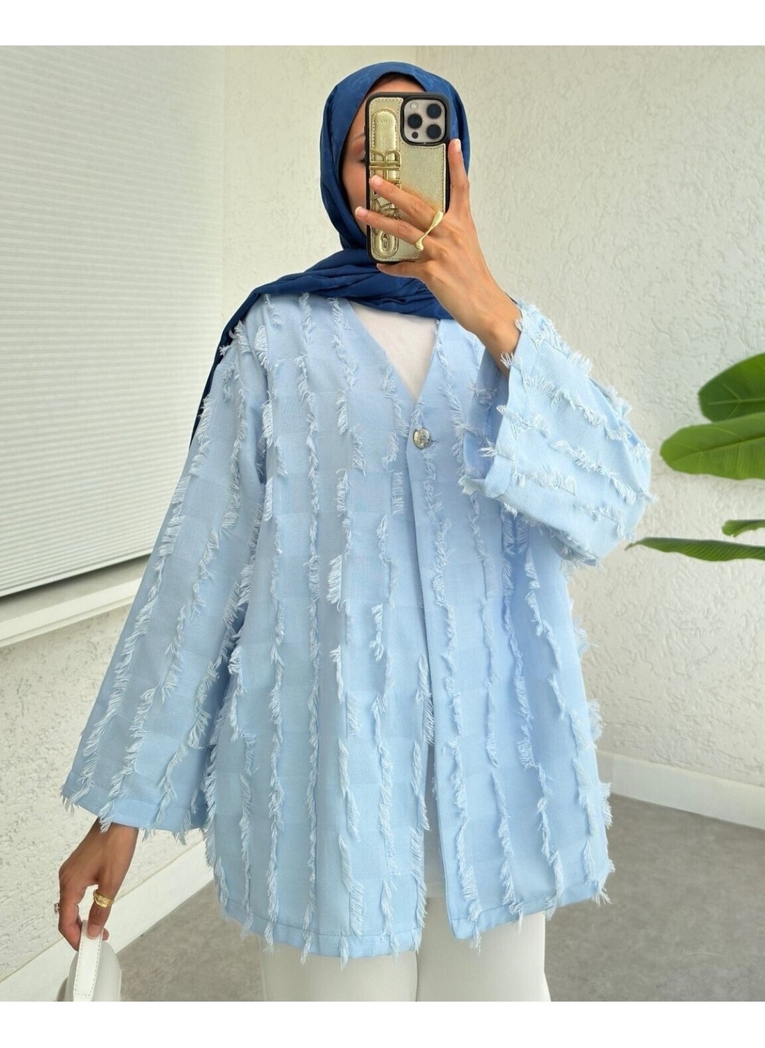 Moda Morfo Saçaklı Tek Düğmeli Kare Desenli Kimona -Sarı görsel 8