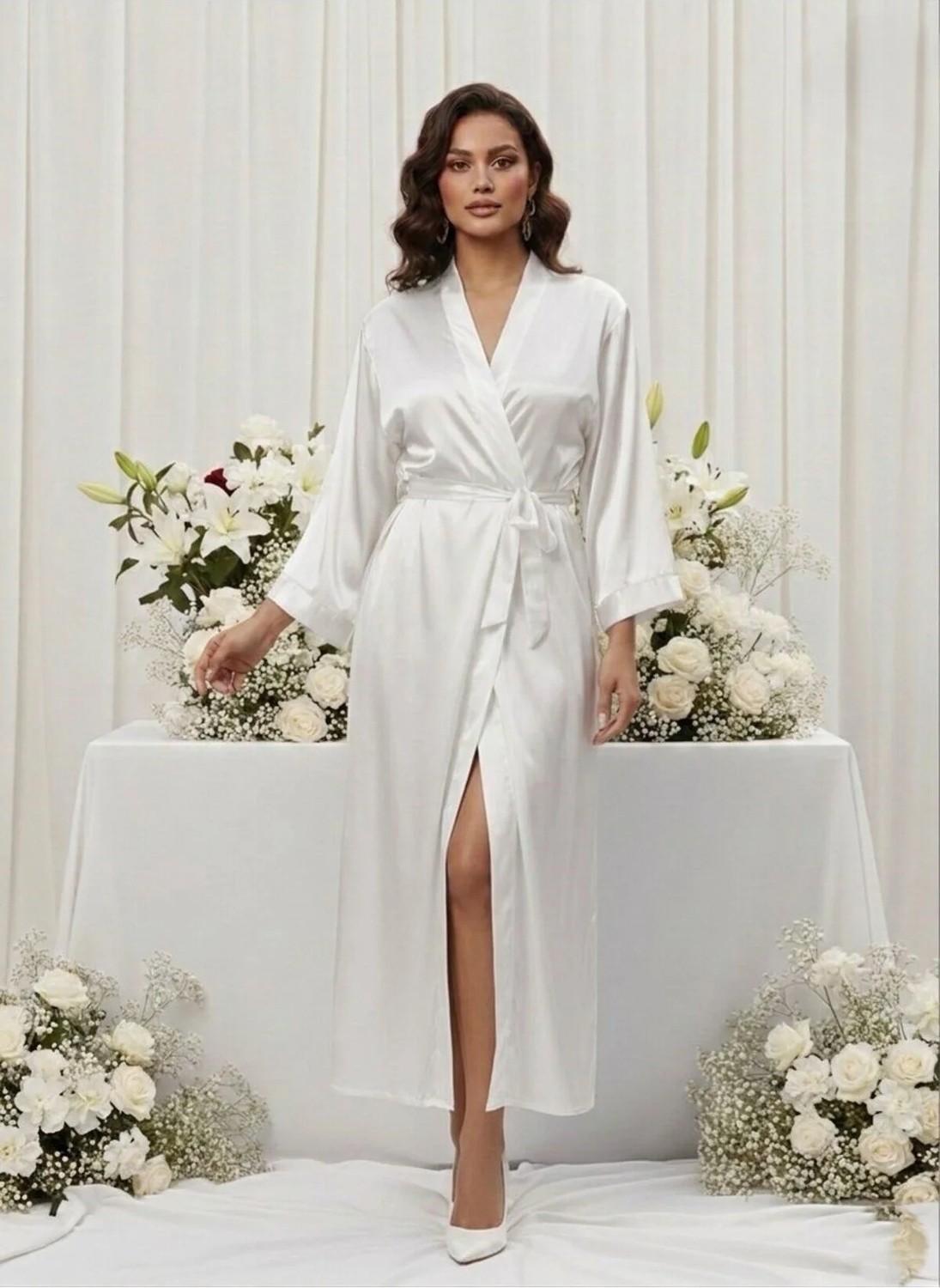 Nuitamore Beyaz Bride Saten Uzun Sabahlık. görsel 5