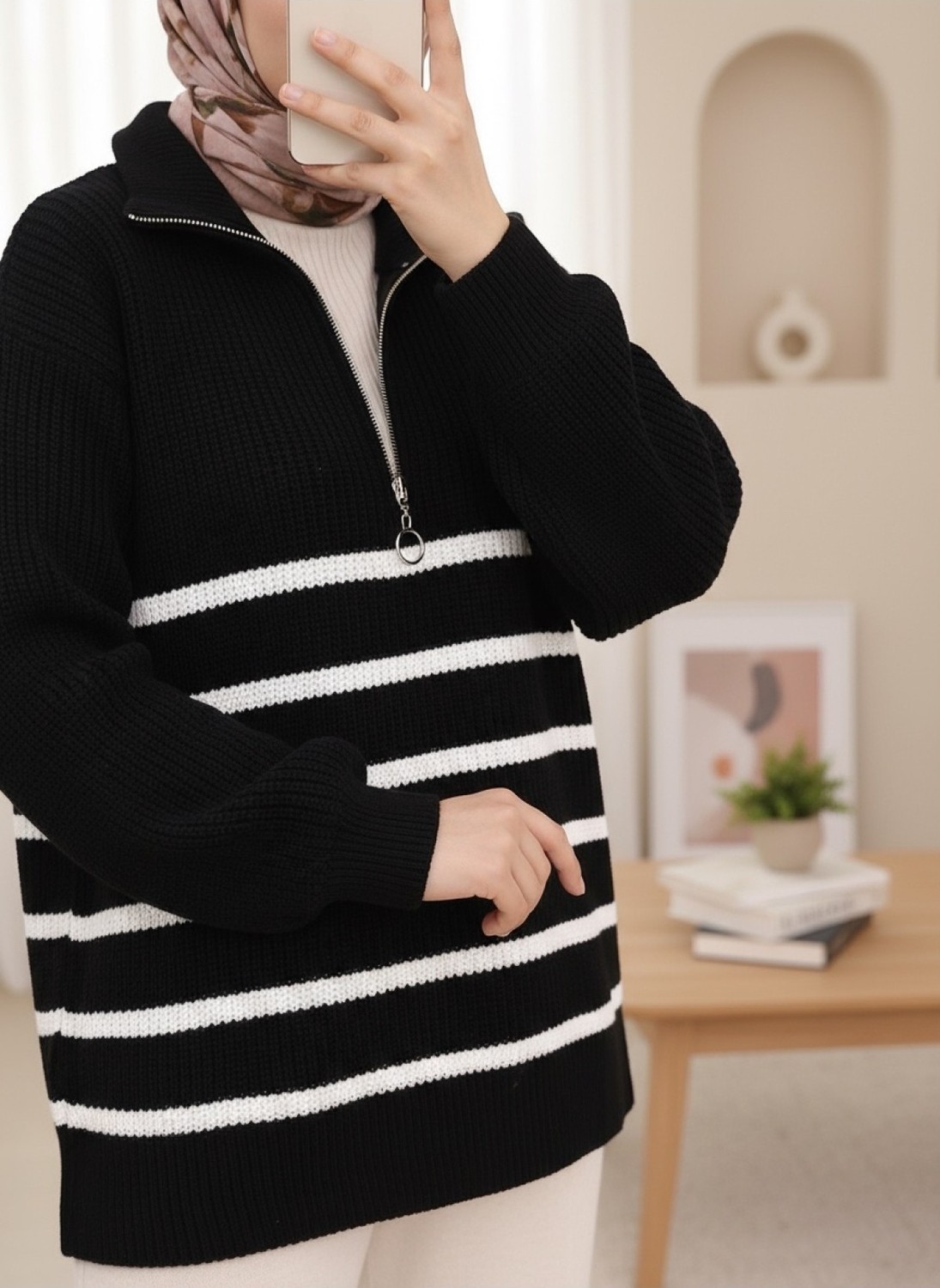Moda Morfo Yarım Fermuarlı Yan Çizgili Triko Kazak -Gri görsel 8