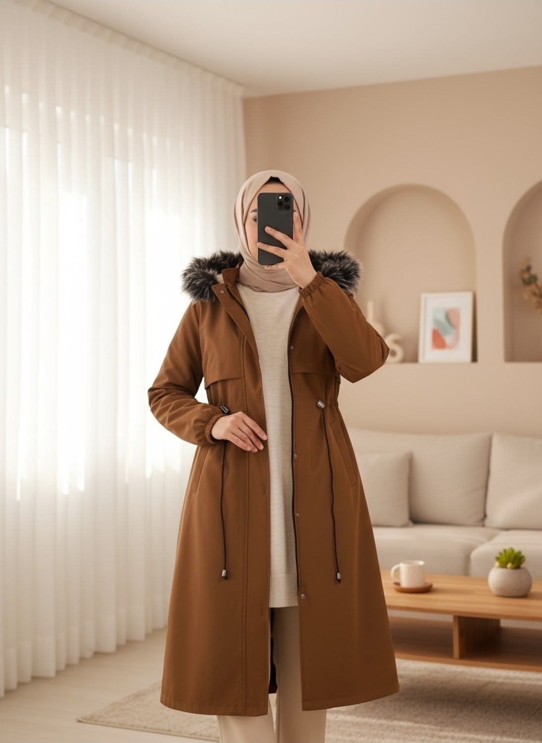 Moda Morfo Çıkma Kapşonlu Tünel Bağcıklı Bondit Kaban -Haki görsel 7