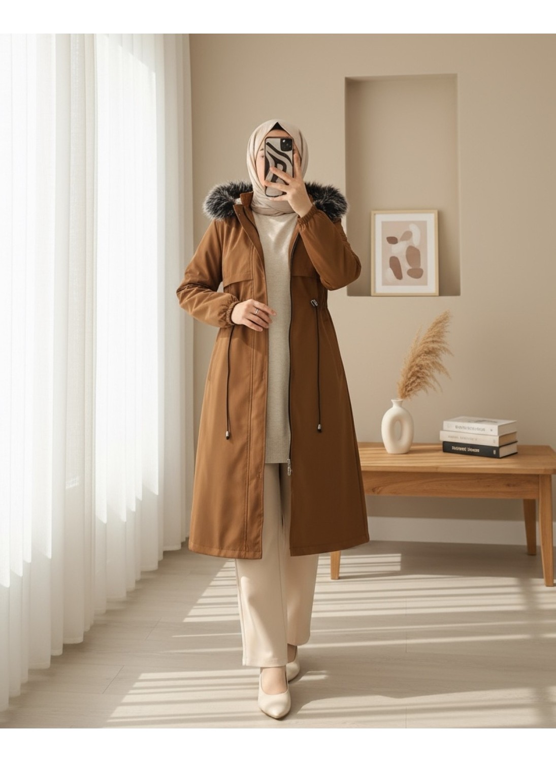 Moda Morfo Çıkma Kapşonlu Tünel Bağcıklı Bondit Kaban -Haki görsel 8