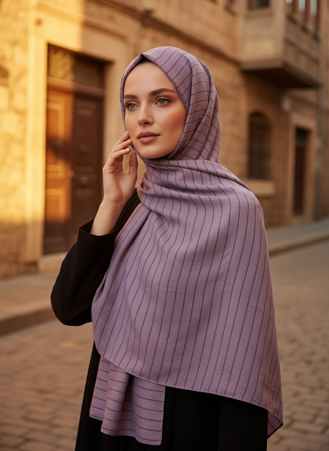 Modakaşmir Moda Kaşmir Satır Çizgili Şal Eflatun görsel 7