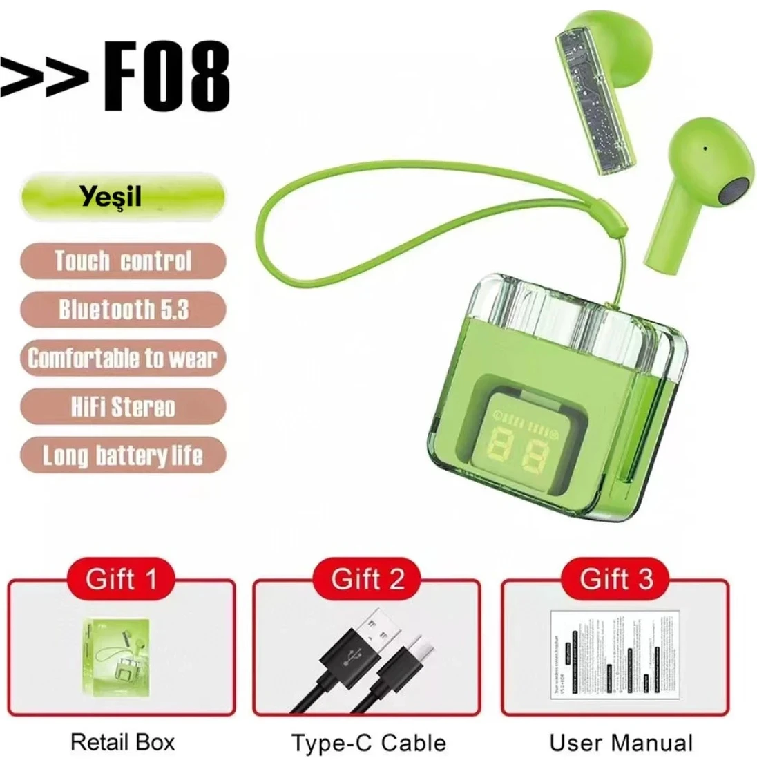 Resim Zeroshop Karler Bass F08 Dijital Şarj Göstergeli Tws Bluetooth Kulaklık - Yeşil 