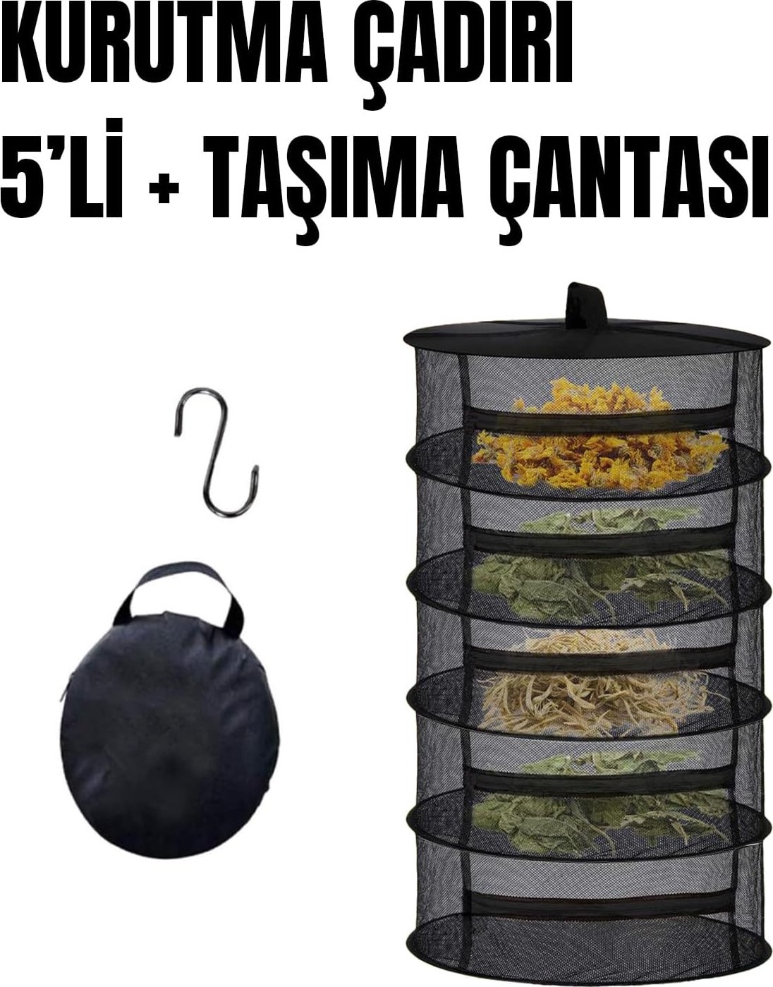 OEM 5 Katlı Fermuarlı Meyve Sebze Kurutma Filesi | Katlanabilir Doğal Kurutma Sepeti Siyah görsel 2