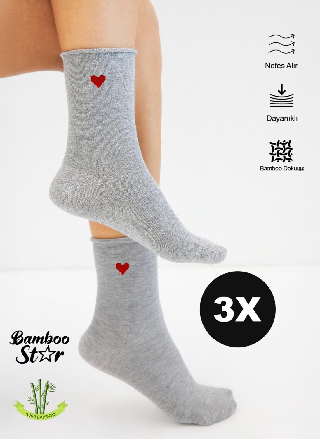 Bamboo Star Bambu Kadın Lastiksiz Beyaz Soket Dikişsiz Premium Çorap 3'lü Paket / Sıkmayan Çorap / Iz Bırakmaz