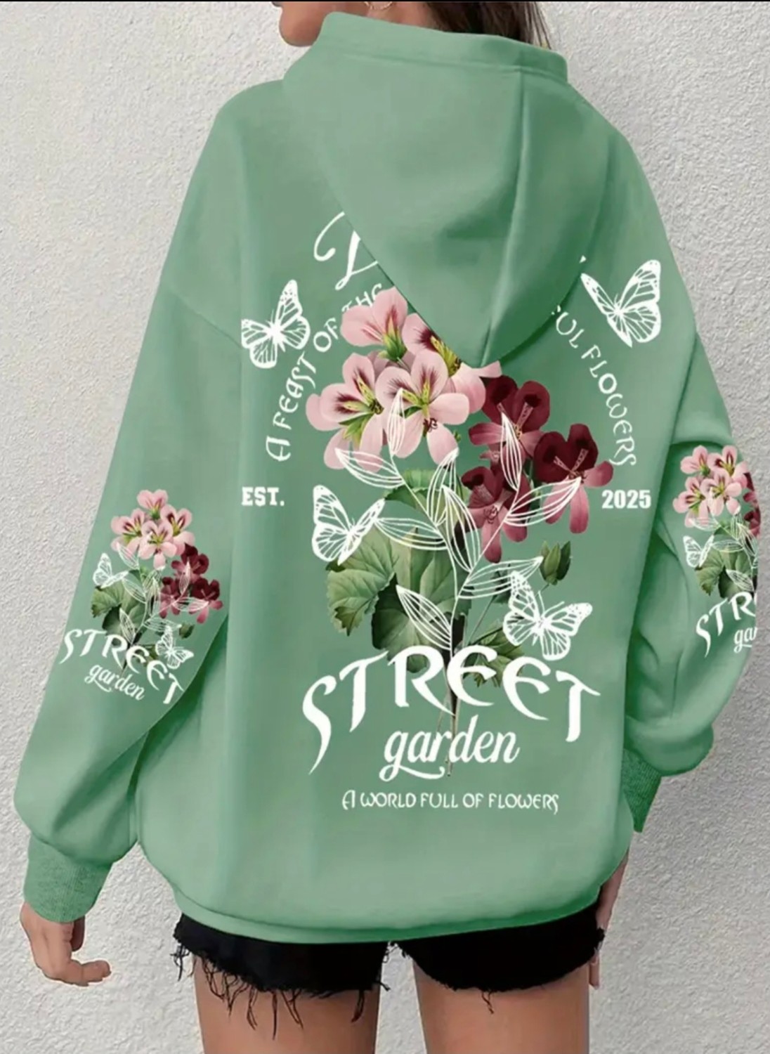 Amor Face Büyük Beden Özel Tasarım Kapüşonlu Street Garden Sırt Baskılı Oversize Kadın Sweatshırt görsel 2