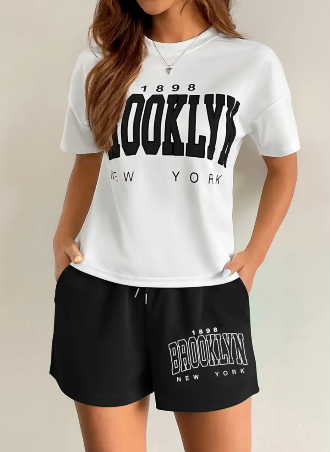 Punix Punıx Büyük Beden Özel Seri Brooklyn Baskılı %100 Pamuk Yeni Trend Kadın T-Shırt Şort Takımı görsel 2