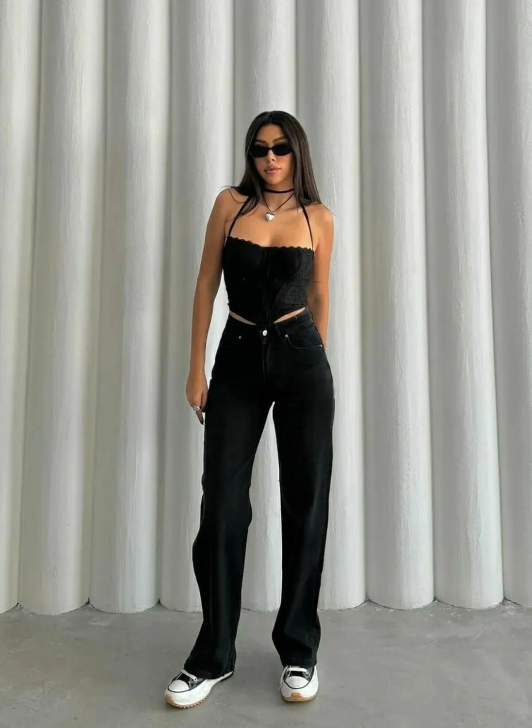 Ramrod Liza Kadın Siyah Likralı Süper Yüksek Bel Wide Leg Palazzo Pantolon Pamuk-Elastan görsel 7