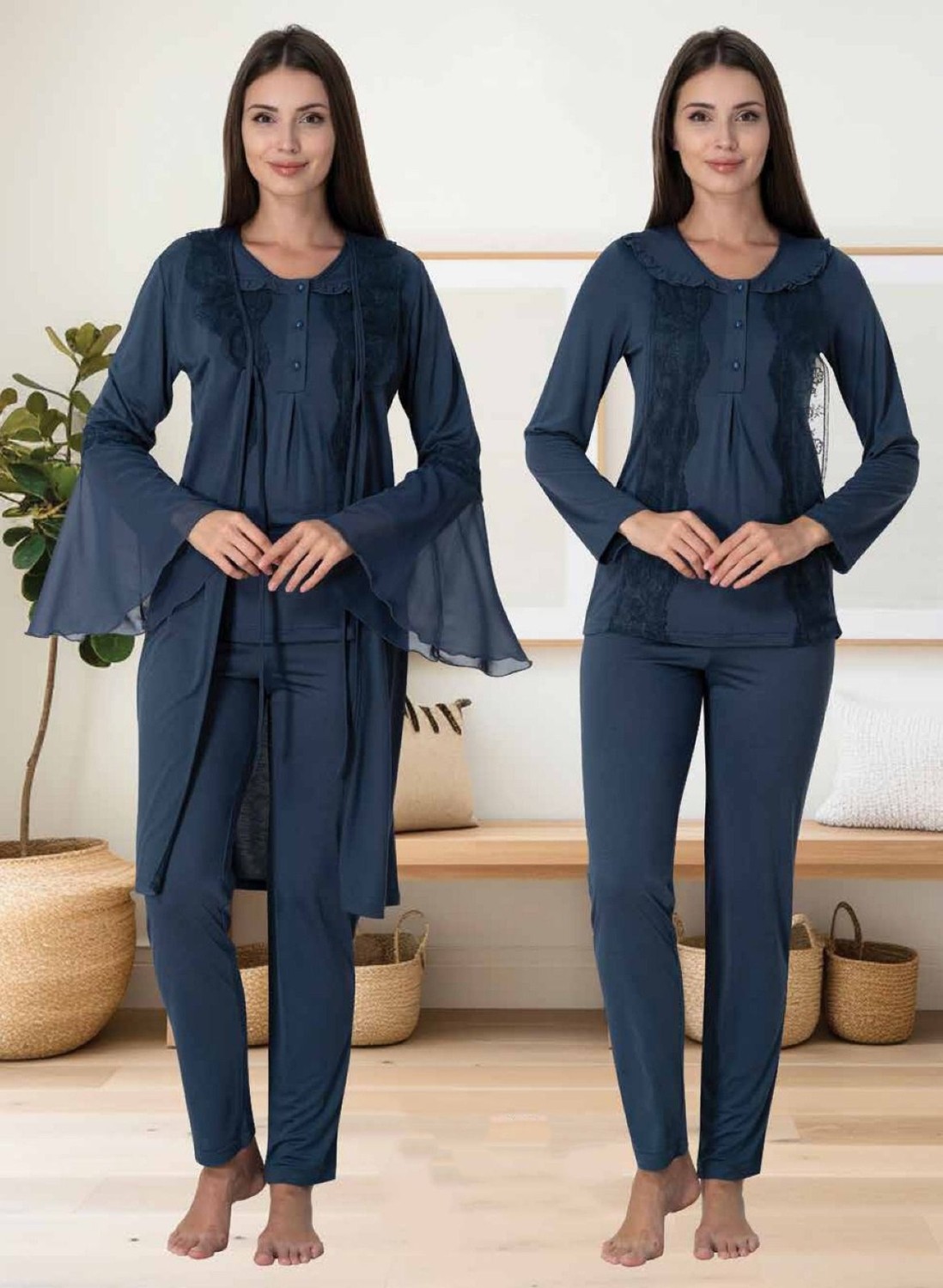 Effort Dvina Effortt Lohusa Sabahlıklı Pijama Takımı Lacivert - 3084