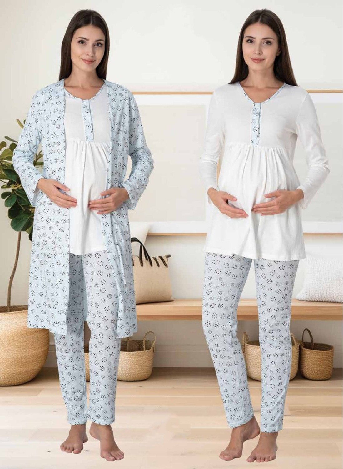 Effort Dvina Effortt Lohusa Desenli Sabahlıklı Pijama Takımı Ekru-Pembe - 3064