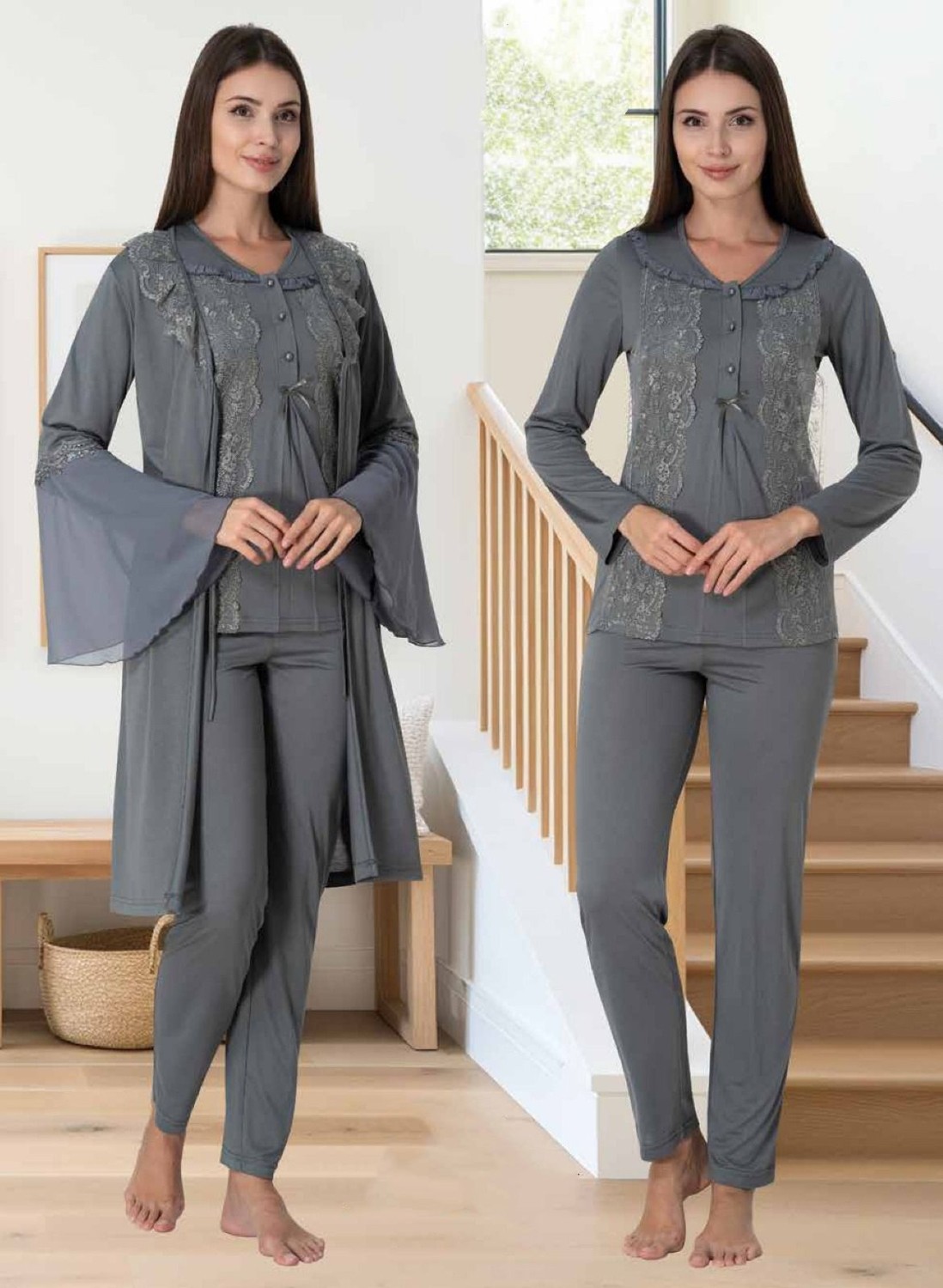 Effort Dvina Effortt Lohusa Sabahlıklı Pijama Takımı Lacivert - 3084 görsel 2