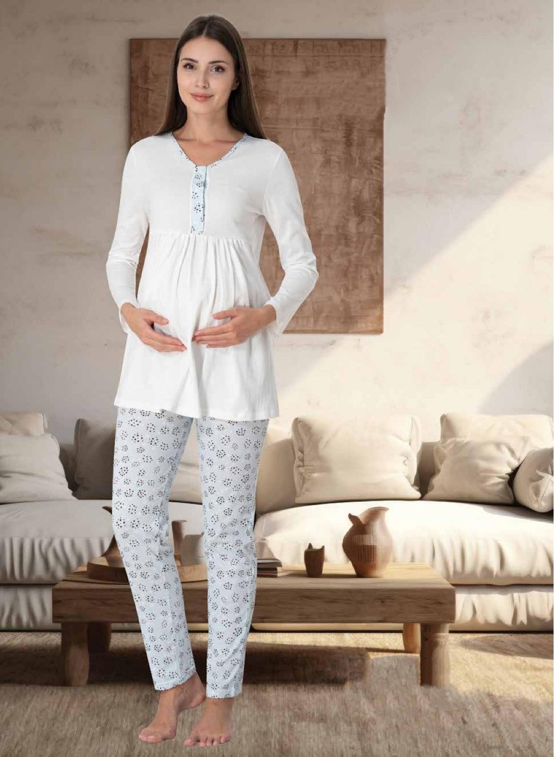 Effort Dvina Effortt Lohusa Desenli Pijama Takımı Ekru-Mavi - 3062