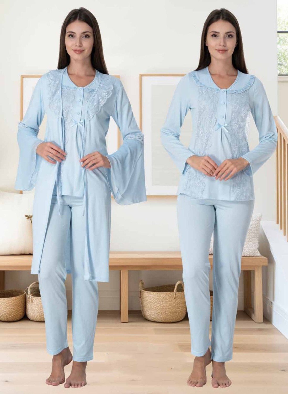 Effort Dvina Effortt Lohusa Sabahlıklı Pijama Takımı Lacivert - 3084 görsel 3