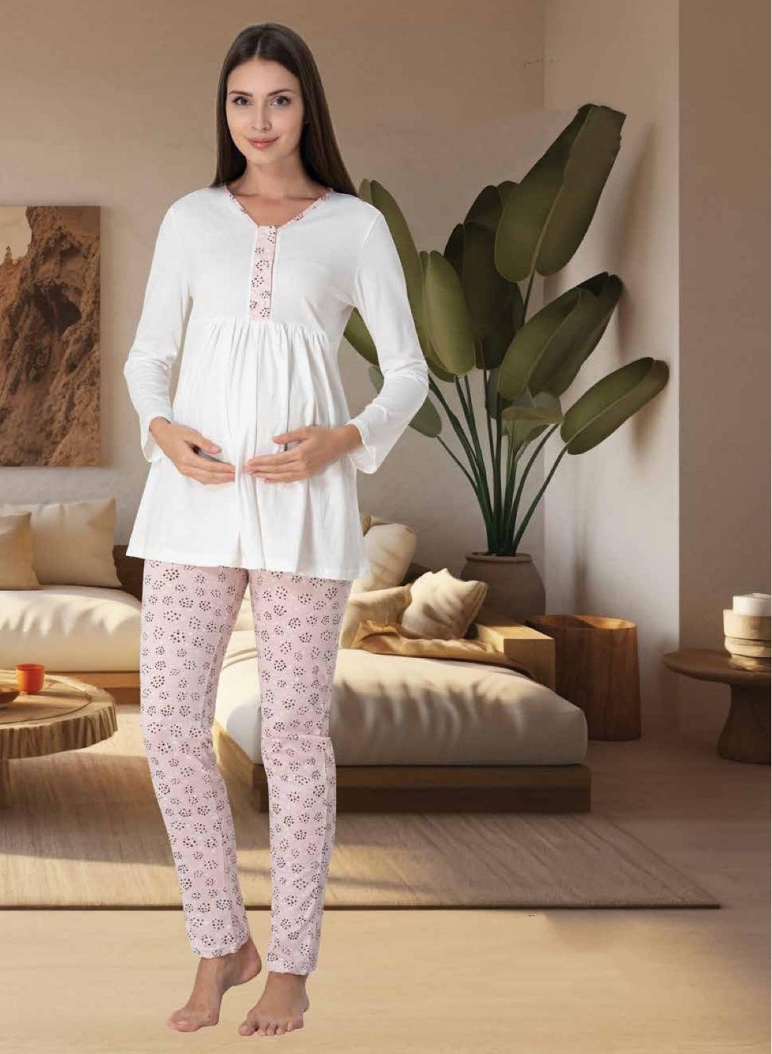 Effort Dvina Effortt Lohusa Desenli Pijama Takımı Ekru-Mavi - 3062 görsel 2