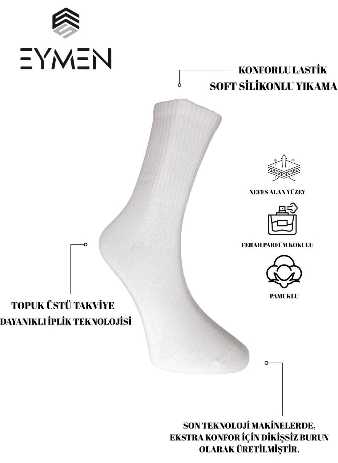 Eymen Socks 6'lı Paket Unisex Kolej & Tenis Çorabı Düz Renk Siyah | Pamuklu Uzun (Kadın & Erkek) görsel 5