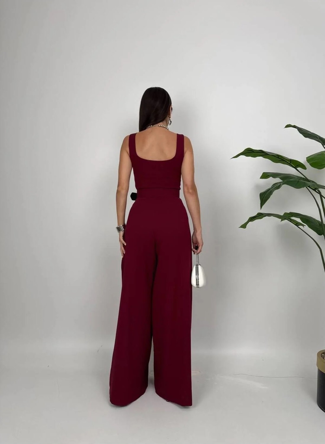 Moda Durağı Rosso Kadın Kemer Detaylı Askılı Bol Paça Tulum görsel 3