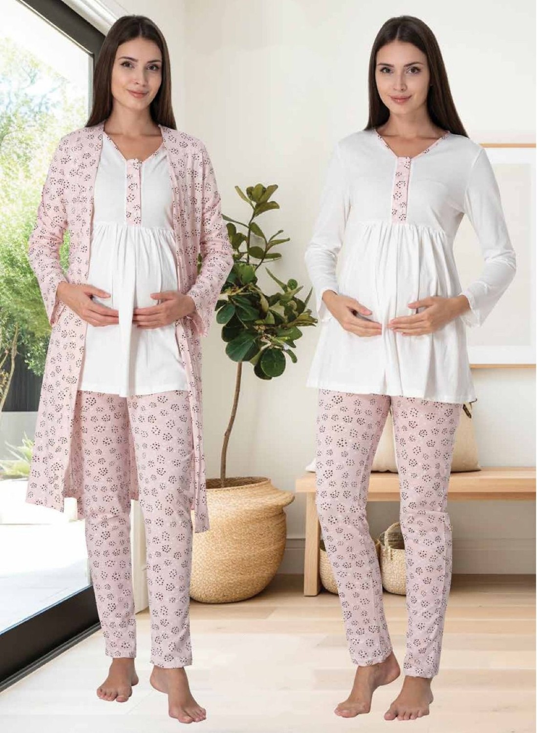 Effort Dvina Effortt Lohusa Desenli Sabahlıklı Pijama Takımı Ekru-Pembe - 3064