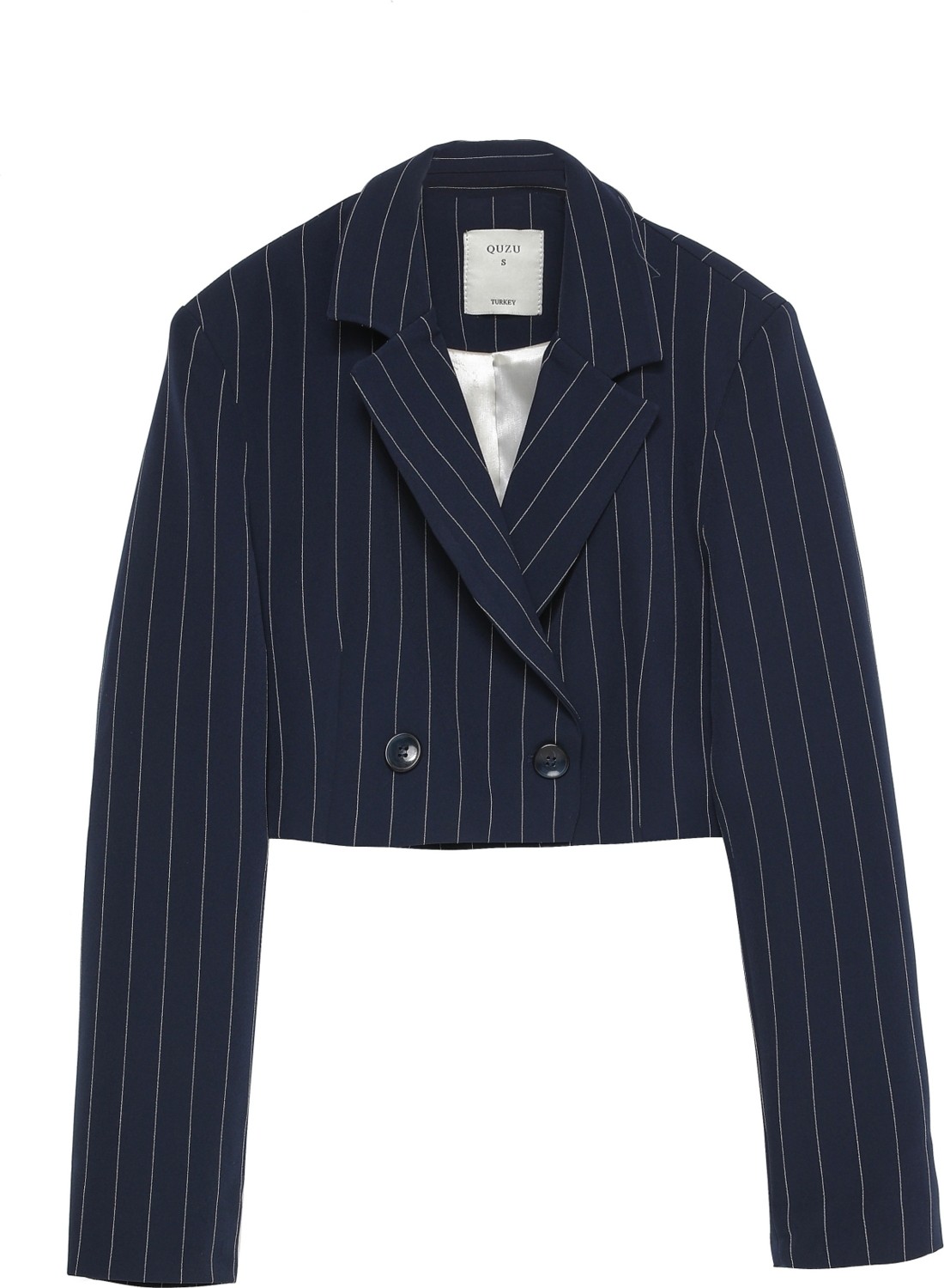Quzu Kadın Çizgi Detaylı Crop Blazer Ceket Lacivert Dokuma Kumaş Özellikli