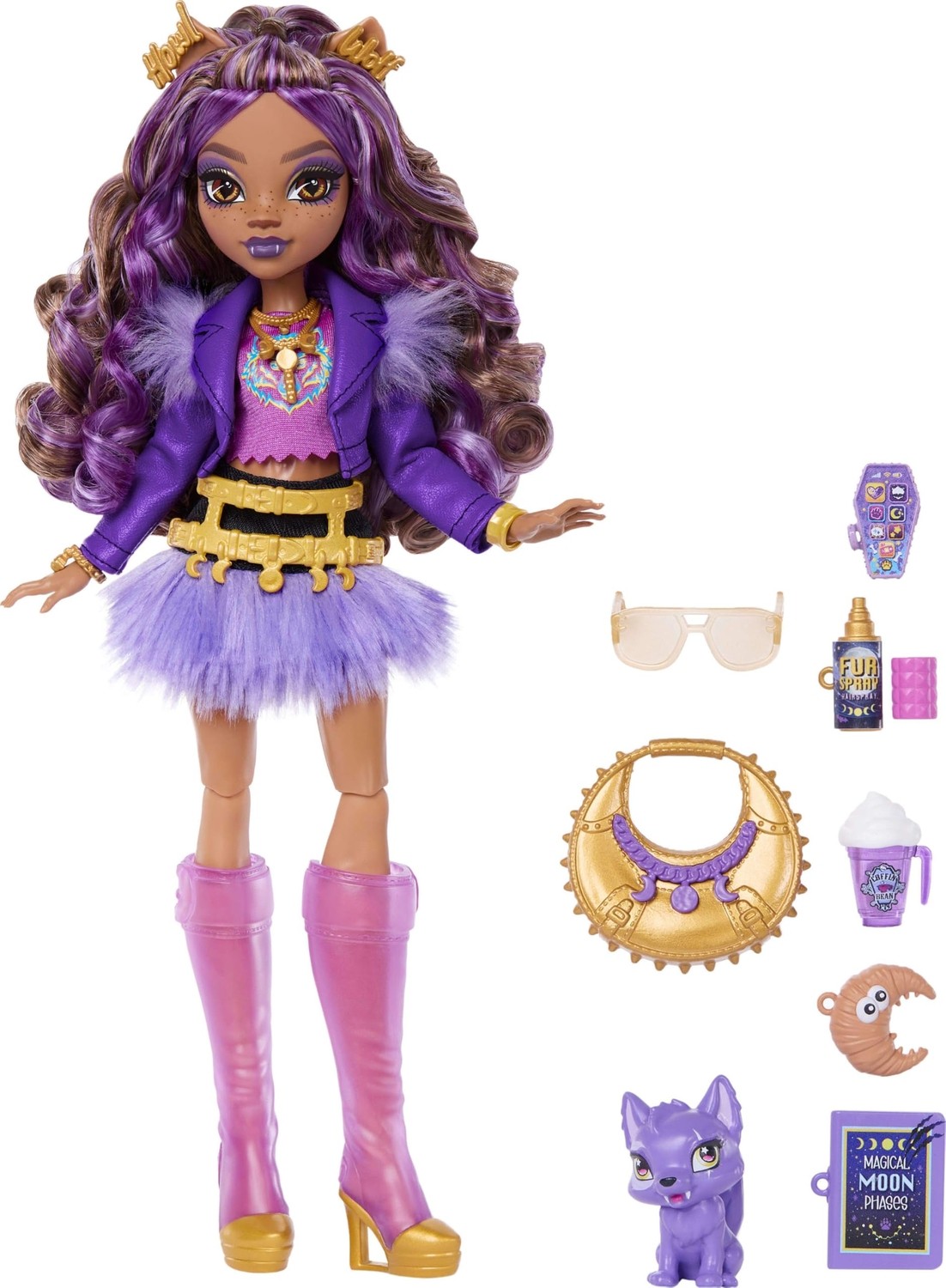 Die Grup Monster High Mor Motosiklet Ceketi ve Tüylü Etek Giyen Monster High Clawdeen Wolf Bebek, Kurt Crescent ve Kitap, Kruvasan ve Çanta Gibi 7 Aksesuar, JHK30 görsel 5