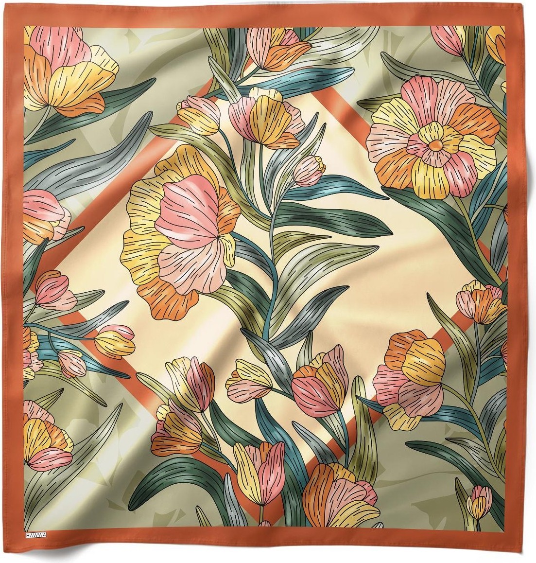 Hawwa Amber Çiçek Desenli Saten Fular 70x70 cm görsel 2