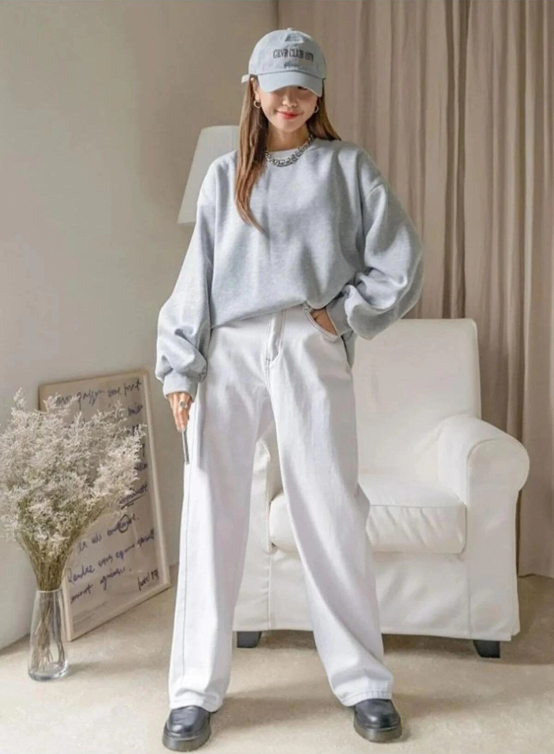 Tarz Yeri Kadın 3 Iplik Pamuklu Oversize Yarım Fermuarlı Yakalı Basic Sweatshirt - Gri görsel 3