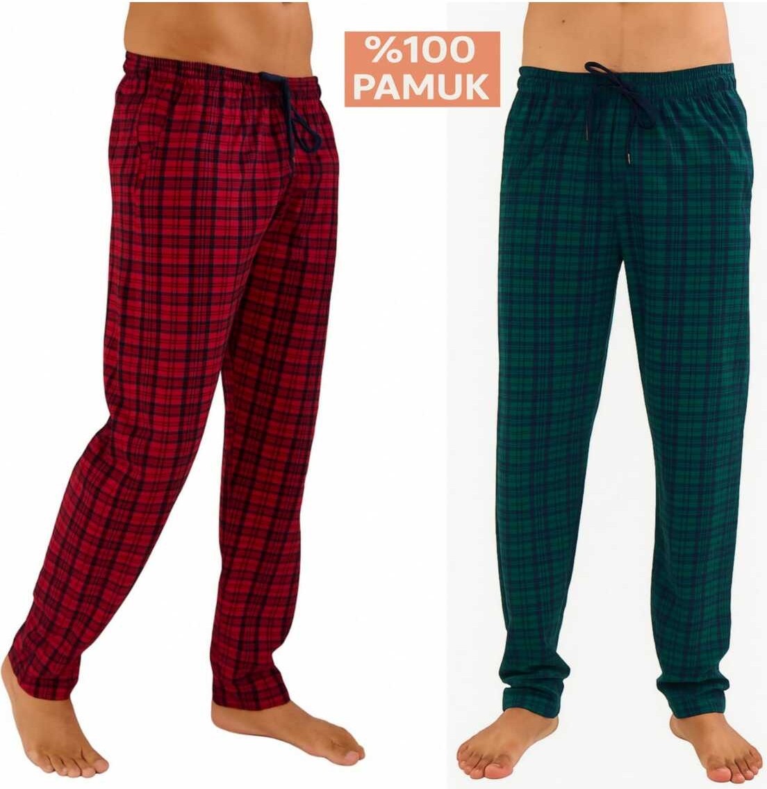Düven Erkek Pamuklu Ekose Bordo & Indigo 2'li Tek Alt Pijama - Mevsimlik Bay Unisex Pijama Altı