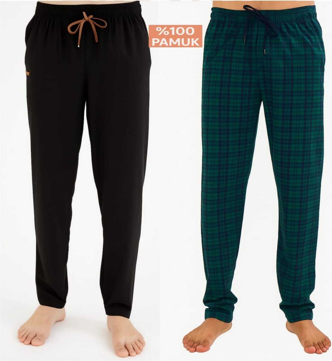 Düven Erkek Pamuklu Antrasit Ekose & Lacivert 2'li Tek Alt Pijama - Mevsimlik Pijama Altı
