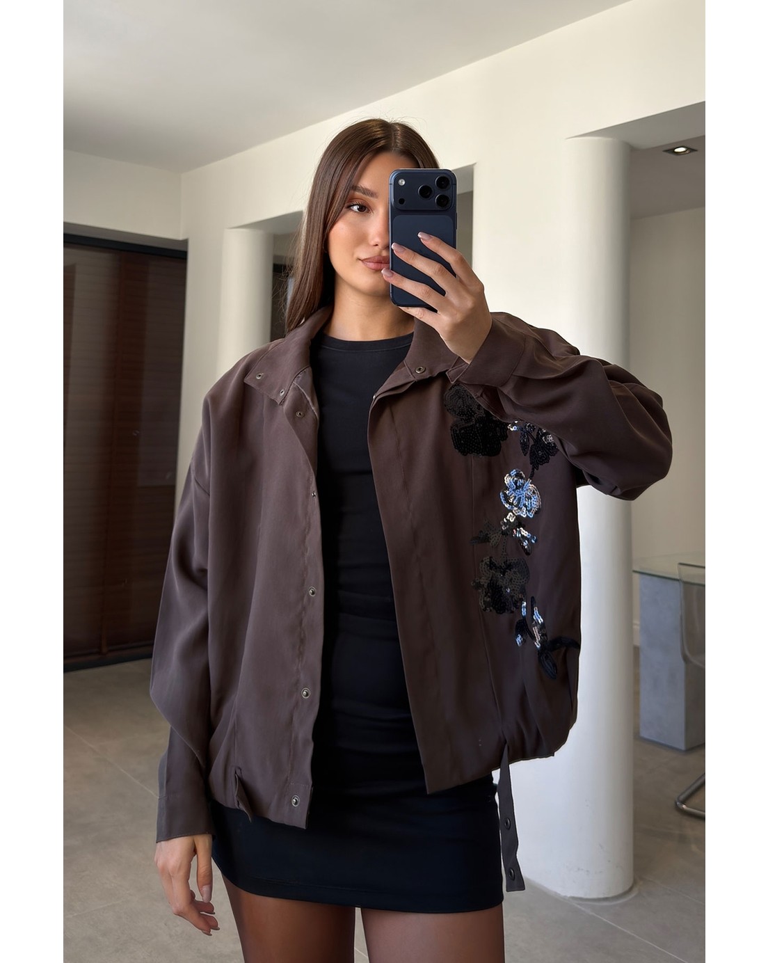 Magarde Gabardin Nakış Işlemeli Bomber Ceket- Siyah görsel 3
