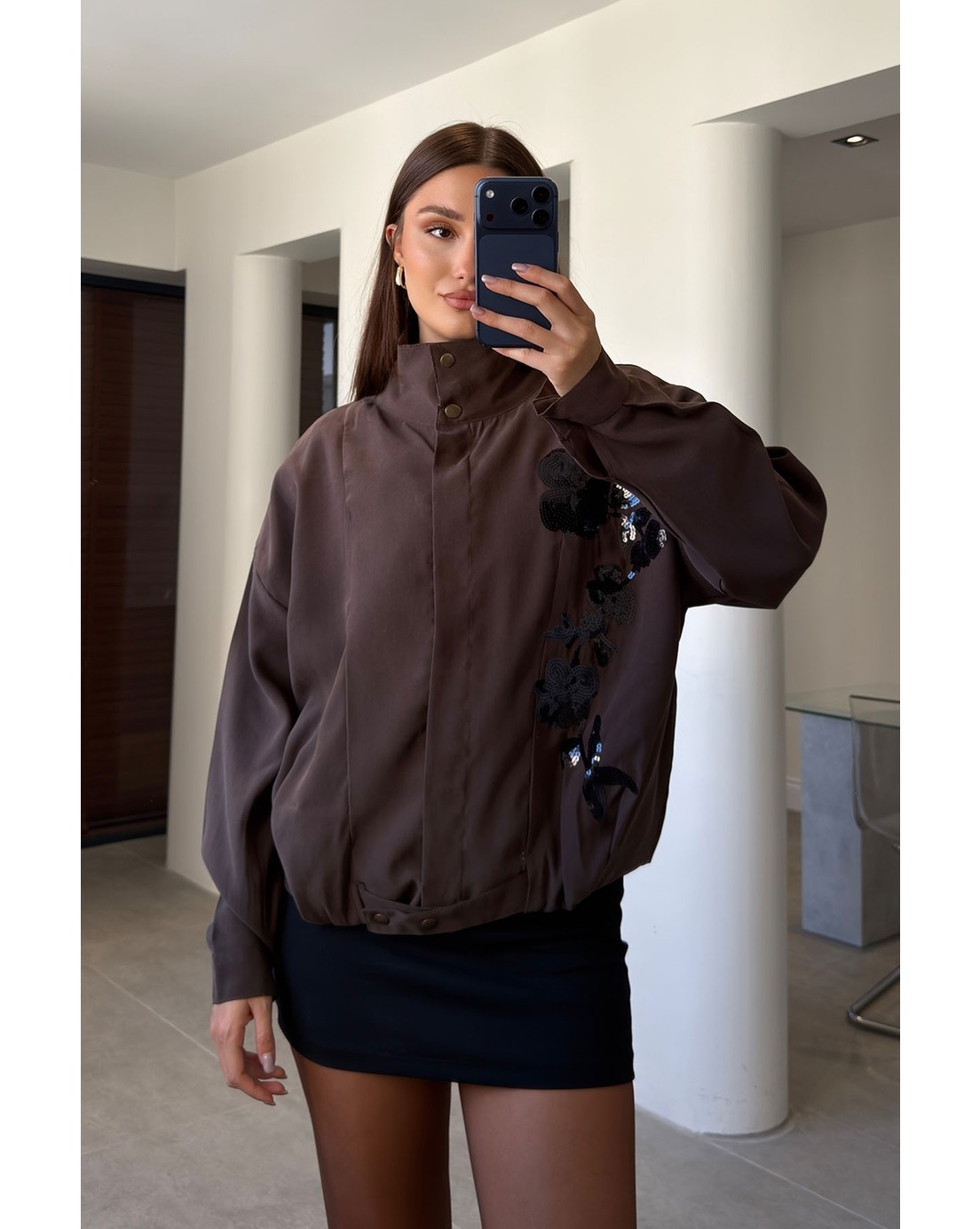 Magarde Gabardin Nakış Işlemeli Bomber Ceket- Siyah görsel 4