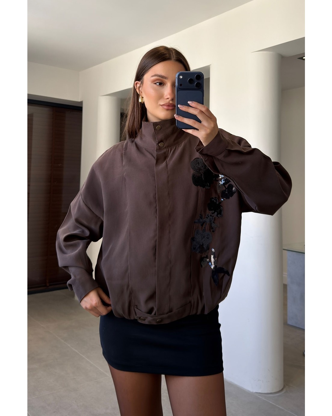 Magarde Gabardin Nakış Işlemeli Bomber Ceket- Siyah görsel 5