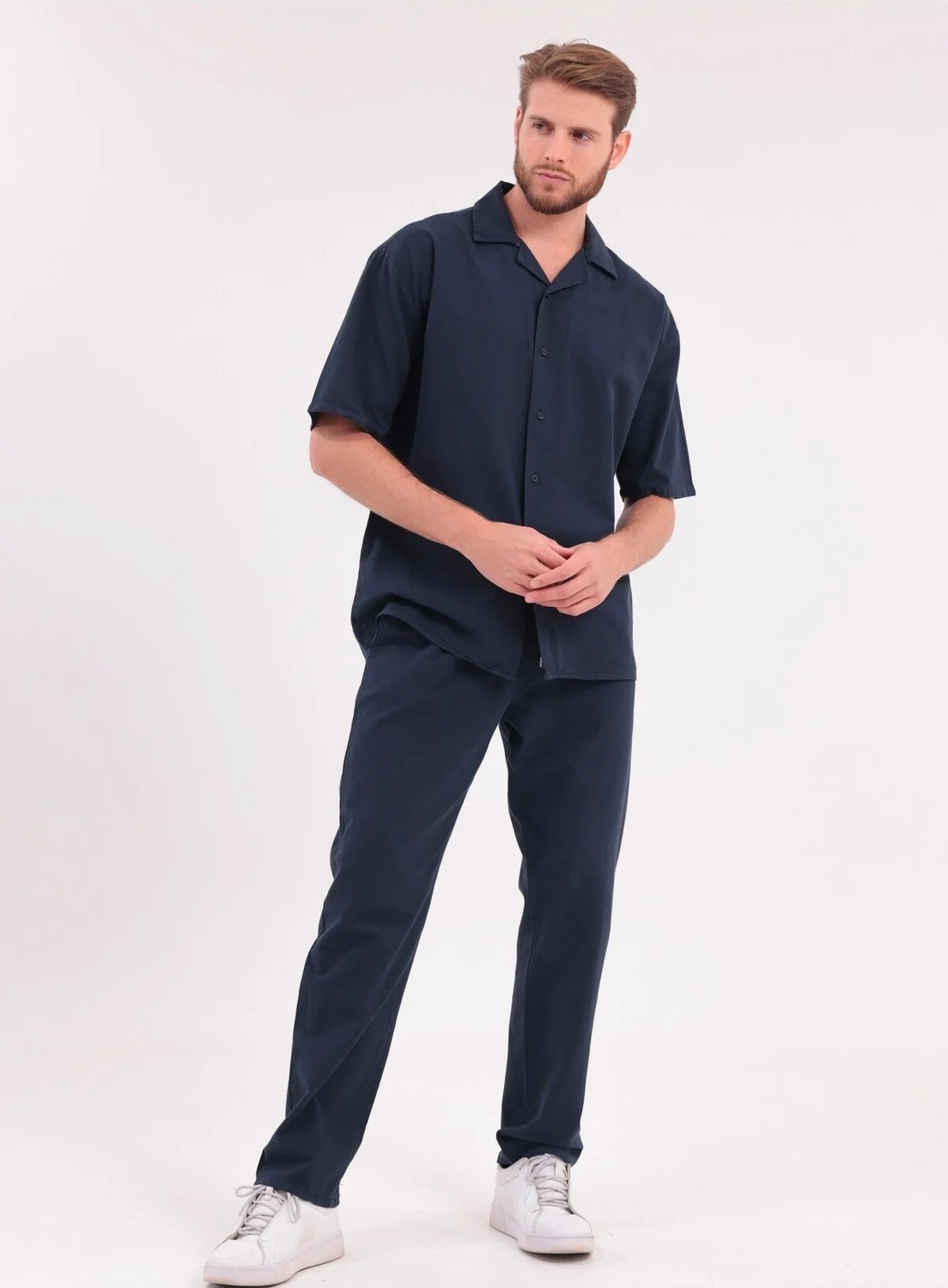 Blayn Jeans Erkek Lacivert Keten Takım Oversize Gömlek & Pantolon 2'li Set Bağcıklı Rahat Yazlık Kombin görsel 4