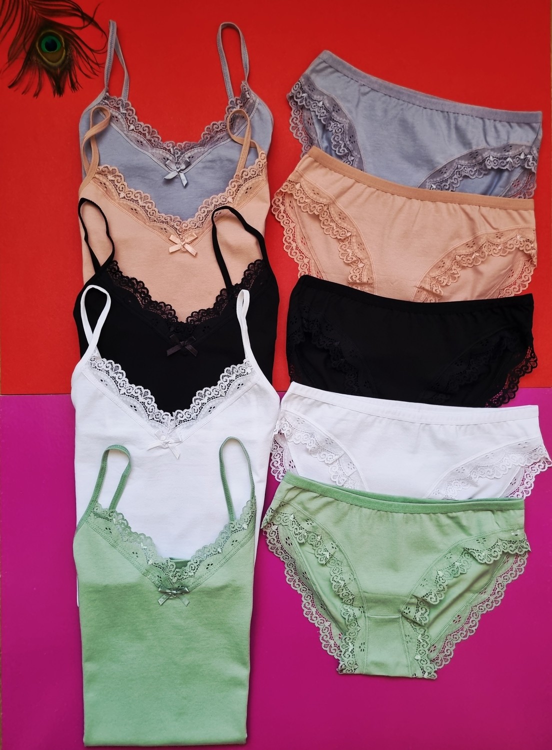 Demirsa Boutique Dantelli Ip Askılı 5'li Pudra, Yeşil, Mavi, Siyah ve Beyaz Renk Kadın Atlet Külot Takım görsel 2