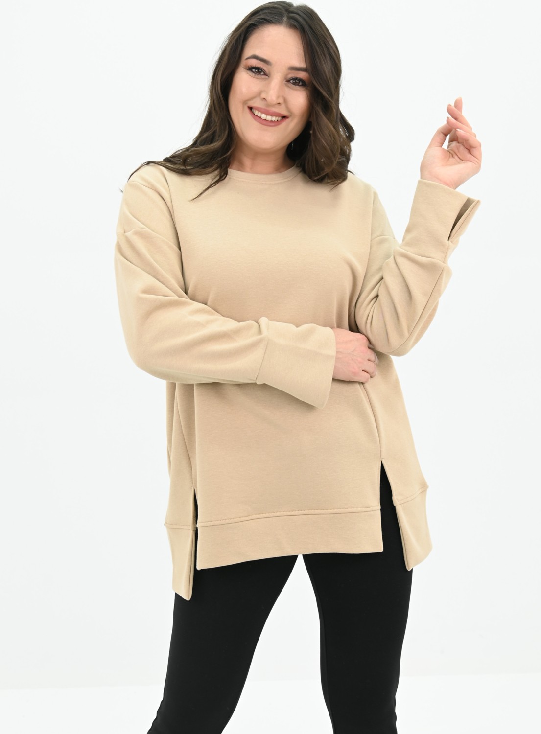 Koza Butik Kadın Büyük Beden Oversize Yırtmaç Detaylı Sweatshirt 1865-25